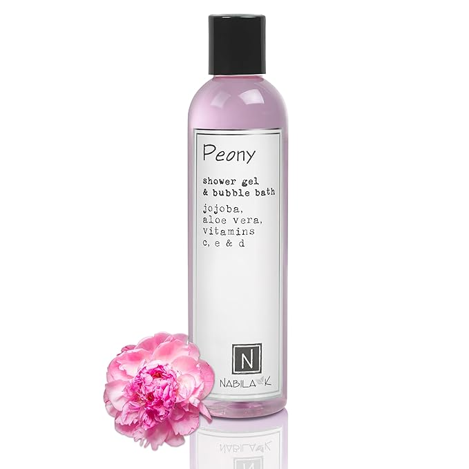 Nabila K Peony Shower Gel & Bubble Bath, 9 oz – Non-Drying Body Wash with Jojoba, Aloe Vera & Vitamins – Naturally-Derived, Sulfate-Free – Made in USA – For Men & Women