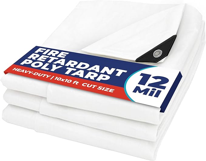 Tarps Now 10x10 Feet Fire Retardant Poly Tarp |12 MIL Heavy Duty Waterproof Cover |Rip and Tear Proof Plastic Tarp with Rustproof Aluminum Grommets & Reinforced Edges |Ideal for Camping - White