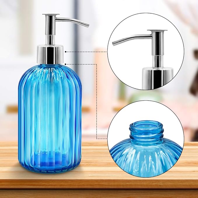 2 Pack Blue Glass Soap Dispenser Bottle with Pump, 14 Oz Refillable Liquid Hand Jar Dispenser for Bathroom, Countertop, Kitchen, Laundry Room