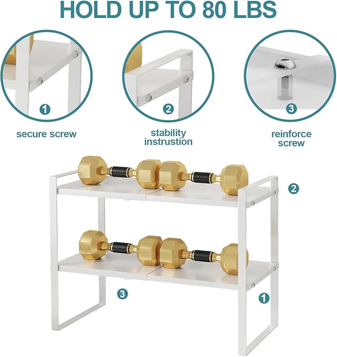 2 Tier Cabinet Shelf Expandable Cupboard Under Sink Countertop Organizer Riser Rack for Kitchen Pantry Home Organization Extra Storage Space Saver Heavy Duty