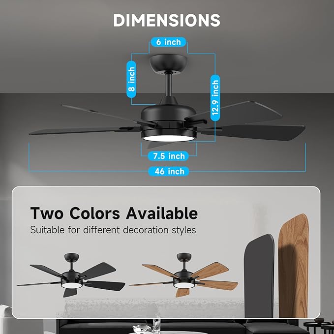 ocioc 46 Inch Ceiling Fans with Lights, Large Air Volume Ceiling Fan with Night Light, Ultra Quiet Reversible DC Motor Dimmable with Remote（Black）