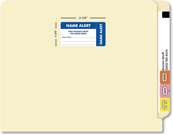 Name Alert Label for Two Patients with Same Name with DOB Field 3-1/4” x 1-3/4” White Blue Doctor Stuff 250 Stickers/Roll Permanent Adhesive for Patient Safety and Compliance