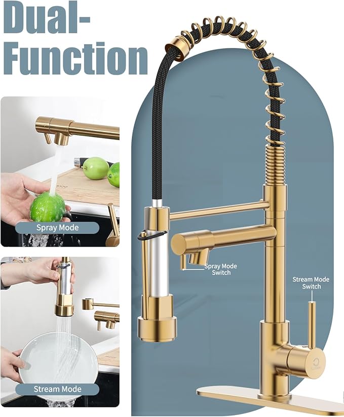 Kitchen Faucet with Soap Dispenser, Brushed Gold Kitchen Faucet, Kitchen Faucets with Pull Down Sprayer and Deck Plate, Stainless Steel Spring Camper Laundry RV Faucets for Kitchen Sinks