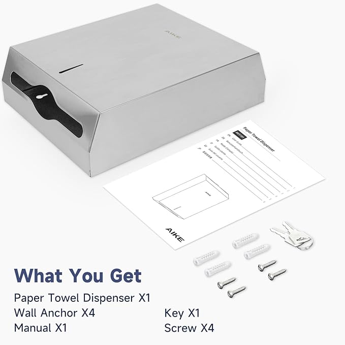 AIKE 400 Sheets Stainless Steel Multifold Commercial Wall Mount Paper Towel Dispenser, with Lock, Brushed AK5181 (Folded Size 10.6"x3.9" or Smaller)