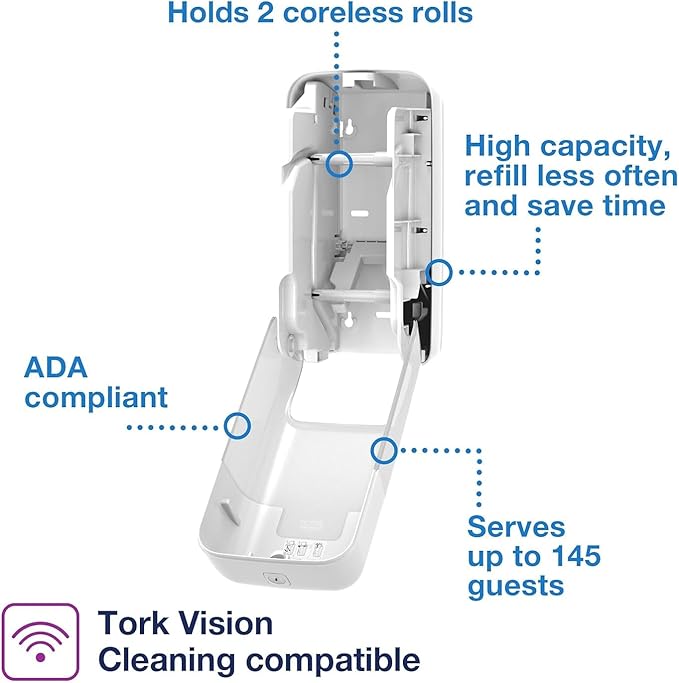 Tork OptiServe 2-Roll Coreless Toilet Paper Dispenser White T7/T5, Vertical Dispenser, Elevation Design + Tork Coreless High-Capacity Toilet Paper Roll White T7, Universal, 2-ply, 36 x 1100 Sheets