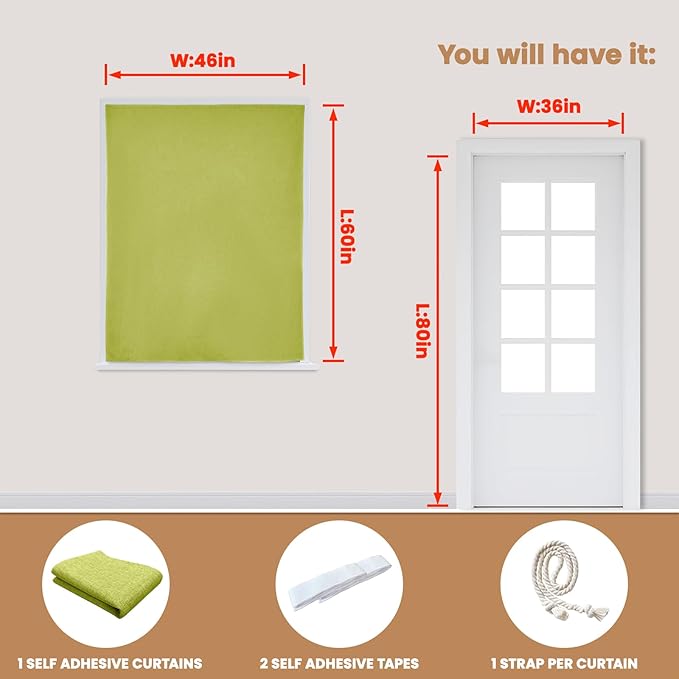 100% Blackout Curtain,Adhesive Curtain,Black Out Window Cover No Drilling Travel Kit,Perfect for Media Rooms, Dormitories and Renters (Fruit Green - W46 × L60 in)