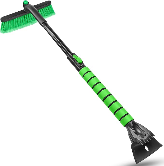 SEAAES 35 Inch Ice Scraper and Snow Brush for Car Windshield, Extendable Snow Scraper Brush with Foam Grip for Truck SUV Vehicle Window - Green
