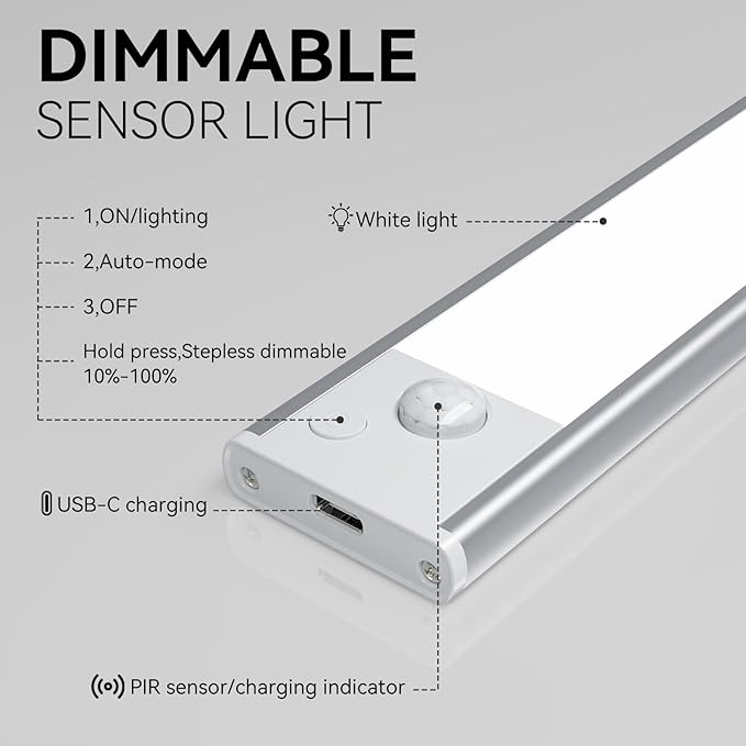 12inch Under Cabinet Lighting, LED Magnetic Motion Activated Under Cabinet Lights, Rechargeable Closet Lights 2500mAh Battery Operated, Wireless Dimmable Under Counter Lights for Kitchen 2 Pack