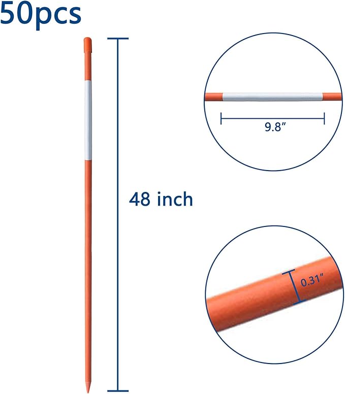 Snow Stakes Driveway Markers Snow Plow Stakes Garden Stakes Fiberglass Orange with Reflective Tape Replacement for Snow Plowing Driveway, Parking Lots, Outdoors (50, 48" * 5/16")
