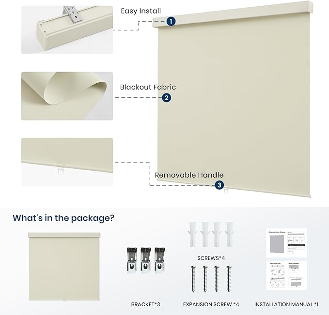 100% Blackout Roller Shades Cordless Blinds for Indoor Windows,Free-Stop Window Shades Pull Down,Thermal Insulated Fabric UV Protection,Blackout Window Guard Blinds for Home,Office,Ivory,50" W x 72" H