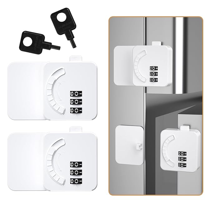 Maveek 2 Pack Child Lock for Cabinets Drawers Refrigerator Window Wardrobe Closet, Baby Proof Fridge Door Lock Childproof Combination Latch with Code Digit Password Dial (2 Pack White)
