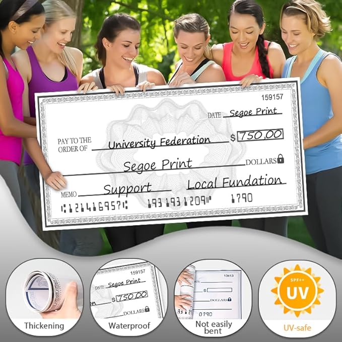 40x16 Inch Big Check Giant Check | Dual-Color Dry Erase Presentation Check | Waterproof Reusable Sign for Charity Events & School Awards with 2 Markers & Guide