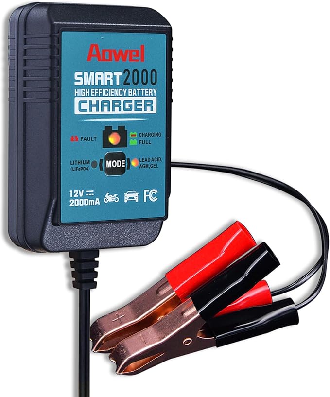 12V, 2-Amp Fully Automatic Battery Charger & Maintainer for Car, Lawn Mower, ATV, Motorcycle, Boat, Marine Lithium(LifePO4) and AGM, Deep Cycle Lead-Acid Batteries