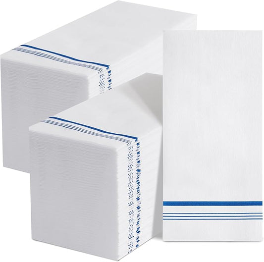 100 Disposable Paper Hand Towels for Bathroom, Linen Feel Guest Towels, Soft and Absorbent Paper Towels Napkins Bulk for Home Dinner Kitchen Wedding, 12" x 17"(Blue Trim Lined)