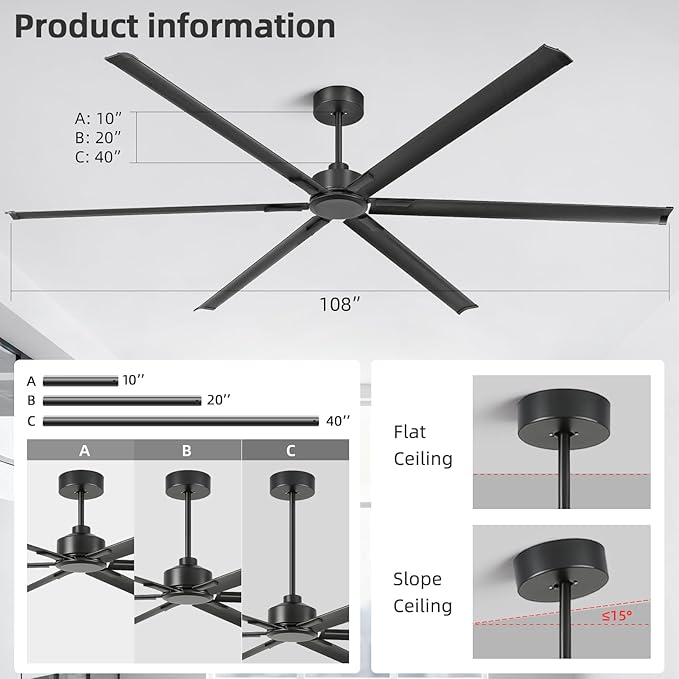 108 Inch Large Industrial Ceiling Fans, HVLS Commercial Fan with DC Reversible Motor, 6 Black Aluminum Heavy Duty Blades, 6-Speed, Timer, 10/20/40 Inch Downrods, for Shop/Barn/Garage (108 inch)