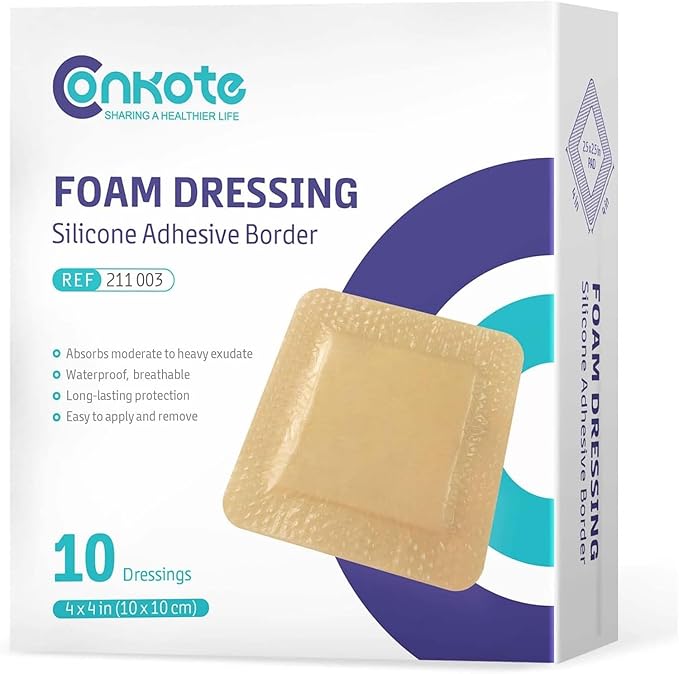 Conkote Silicone Adhesive Foam Dressings 4'' X 4'', Waterproof Bandages for Wound Care, Box of 10 Dressings