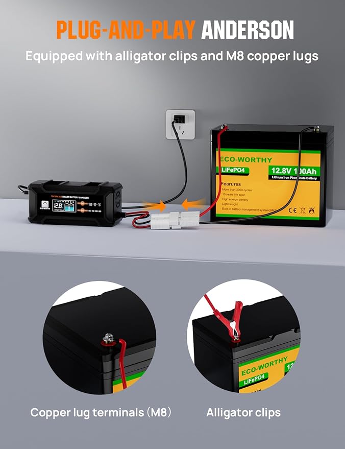 ECO-Worthy 12V/24V 20A Smart Battery Charger Maintainer, Auto Voltage Detect for LiFePO4 Lead-Acid with Multi-Current Options 5A/10A/15A/20A, Trickle Charger for Car Motorcycle Lawn Mower RV Camping