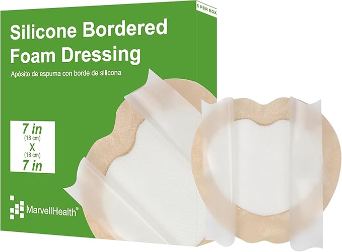 Silicone Bordered Foam Dressing 7" x 7", Pack of 5 Individual Sterile Pads, Gentle Adhesive, Water Resistant, Highly Absorbent, Reduce Sacr, for Pressure Ulcer