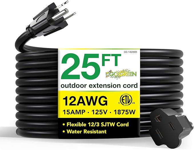 Go Green Power Inc. (GG-14025BK) 12/3 SJTW Outdoor Extension Cord, Black, 25 ft