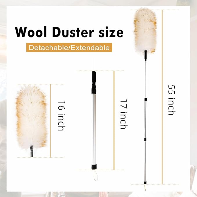 Lambswool Extendable Duster 31-55 Inch | Aluminum Pole with Double-Row Locking Clips | Anti-Static Wool Head for High Ceilings, Fans, Shelves