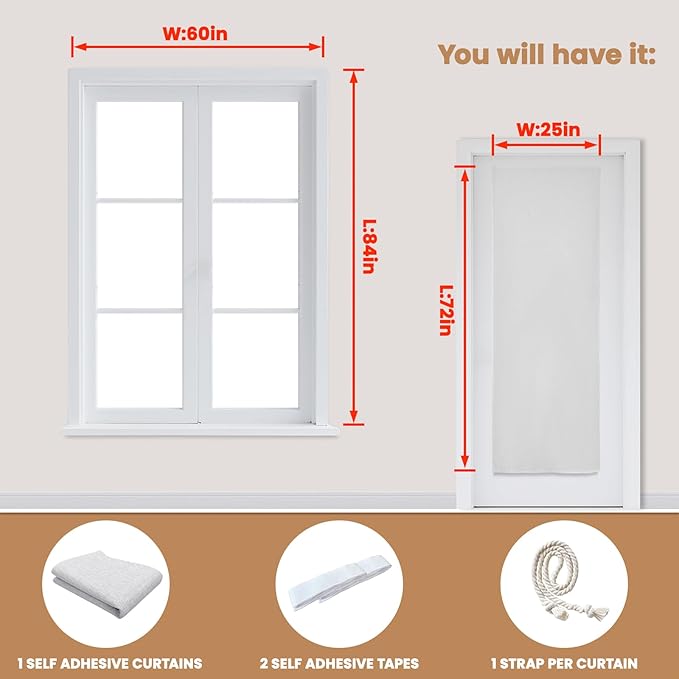 100% Blackout French Door Curtain,Adhesive, No Drilling Required,Small Curtains Designed for Installation On Doors (Grayish White - W25 × L72 in)