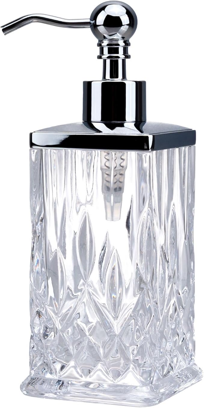 10Oz Clear Glass Soap Dispenser,Handcrafted Lead-Free Glass,Hand Sanitizer Dispenser with Silver Pump for Kitchen and Bathroom,Elegant Bathroom Decor(Square)