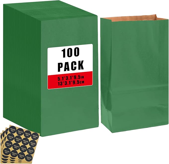 Bakepacker 100 Pcs Deep Green Treat Paper Bags with 100 Stickers 5.1"x3.1"x9.4" Brown Kraft Small Party Gift Bag Snack Bag without Handle