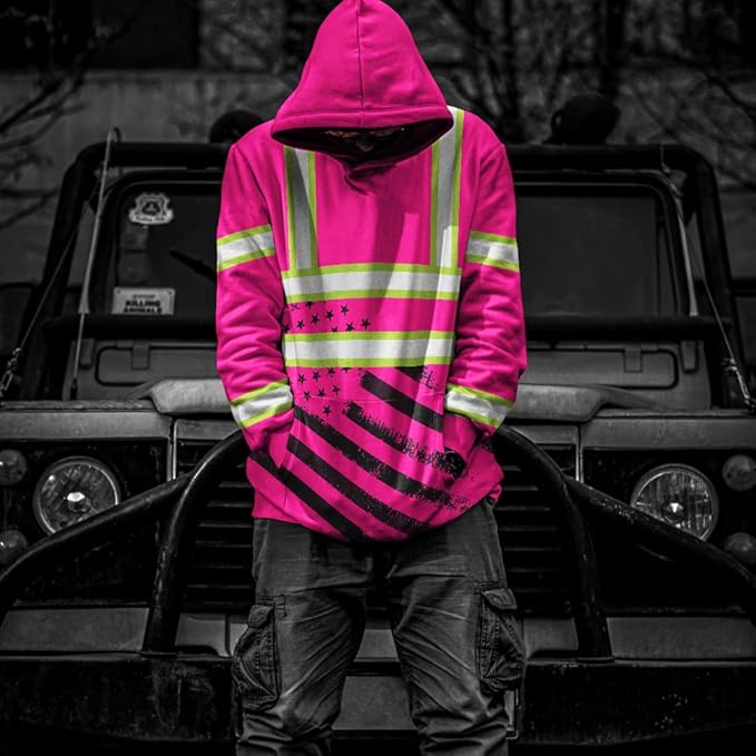 Color US Flag High Visibility Hoodie for Men Women Reflective Tapes Safety Workwear for Worker Runner Patriotic