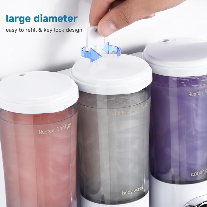 Shampoo and Conditioner Dispenser No Drill Shower Soap Dispenser Wall Mounted Shower Dispenser 3 Chamber with Upgrade Smooth Pump Head Bathroom Body Wash Soap Dispenser Set 450ml*3 White
