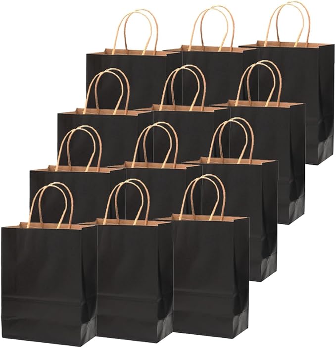 qiqee 32-Packs Black Paper Gift Bags with Handles Bulk 8.26"×6"×3.15" Small Size Gift Bags Multiple Uses