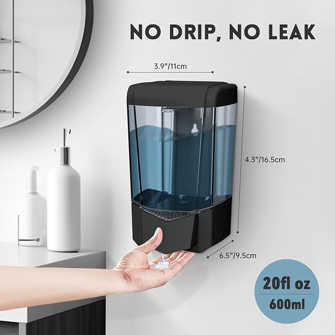 Hand Liquid Soap Dispenser Wall Mount 20floz（600ml）, Ideal for Commercial Bathrooms Restaurants Hotels, Use with Liquid Hand Soap Shampoo, ABS Black