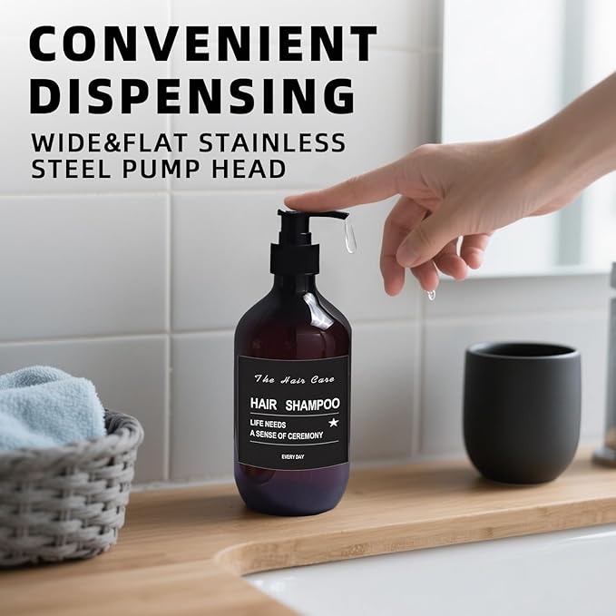 4 PcsSoap Dispenser Bottles with Pump, 500 ml/17 oz Brown Hand and Dish Soap Dispenser Set, Plastic Soap Dispensers with Pump for Hand Dish Liquids Kitchen Sink Bathroom Decor,with Labels & Funnel