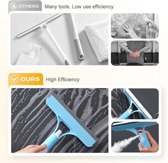 3 in 1 Window Cleaning Scraper, 2025 New Squeegee for Shower Glass, 3 in 1 Spray Function for Glass Doors for Windows Glass, Mirrors Scraper, Brush. All-Purpose Window Cleaner Tool (White)