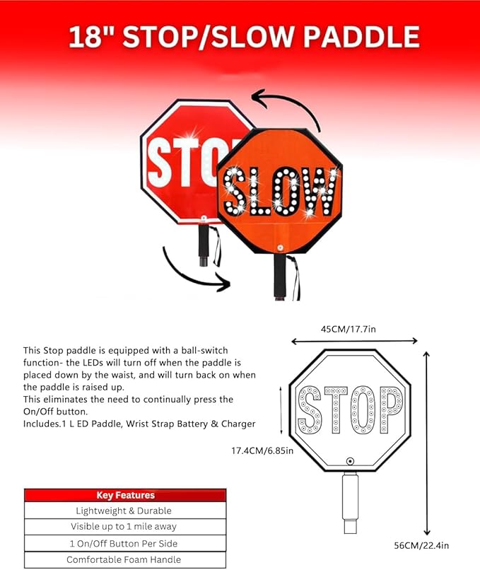 17.7" LED Stop Slow Paddle - Double-Sided Reflective Handheld Traffic Sign with Steady/Flashing Light Modes, Durable Rustproof Aluminum, Essential Safety Tool for Road Work and Events