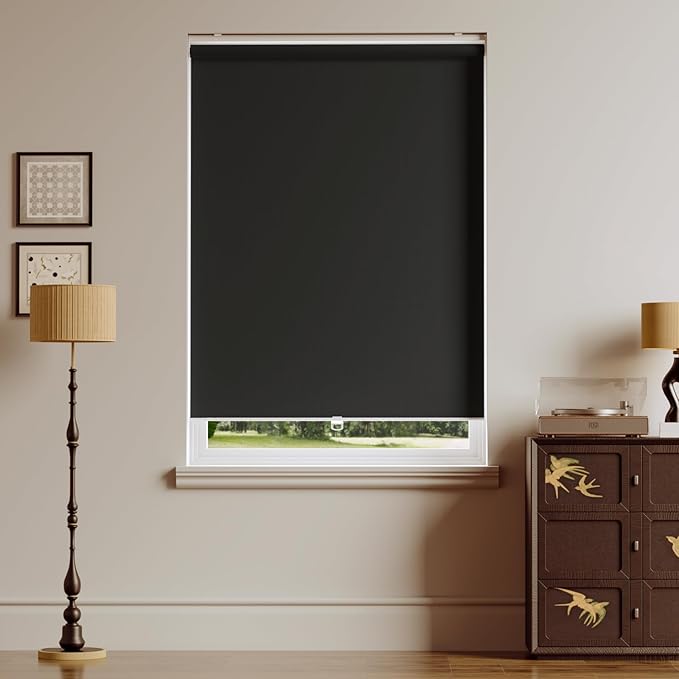 Cordless Roller Shades Blackout Blinds for Windows Room Darkening Rolled Up Shades with Spring System, UV Protection Window Shades Door Blinds for Home and Office (Black, 23" W x 72" H)
