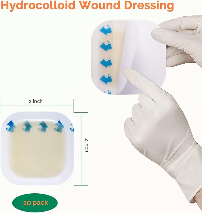 Hydrocolloid Bandages 2" x 2" with Thin Border - Hydrocolloid Dressing Self Adhesive Waterproof Wound Dressing - Highly Absorbent Hydrocolloid Patch for Burn Bedsore Blister Acne Care(10 Pack)