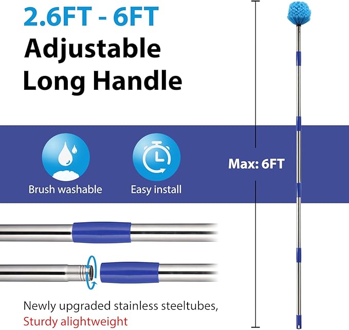 Cobweb Duster with Extension Pole,4-6FT Stainless Steel Spider Web Brush with Pole,Cobweb Duster Outdoor for High Ceilings and Surfaces,Steel Long Handle, Lightweight Cleaner