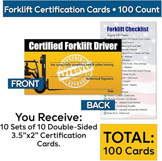 Forklift Operator Safety Training Cards - 100 Cards - Forklift Driver Card - Operator Safety - Wallet Forklift Training Card