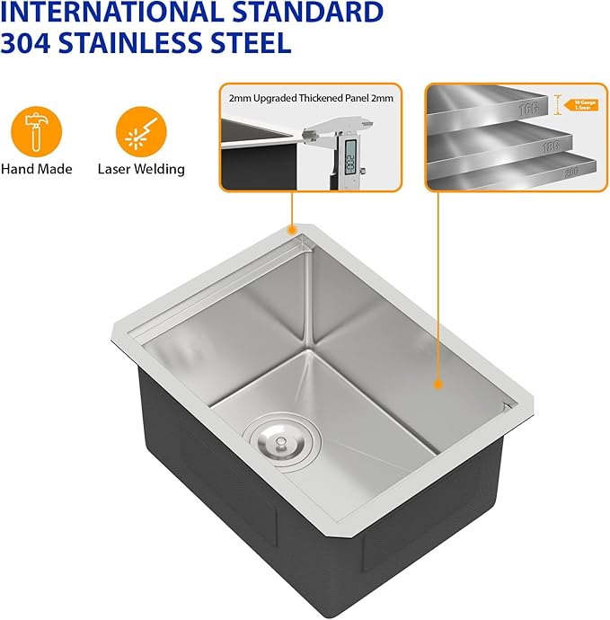 14 Undermount Bar Sink Workstation - Dcolora 14 Inch Stainless Steel Bar Prep Sink with Ledge Round Corner X Grooves Wood Cutting Board 16 Gauge Single Bowl RV Camper Kitchen Sink Basin