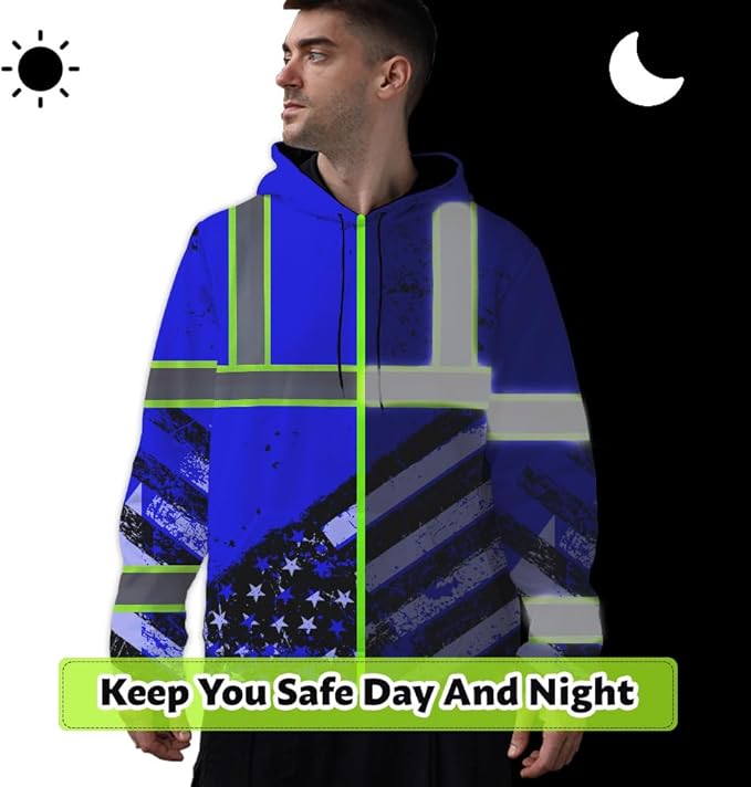Color US Flag High Visibility Hoodie for Men Women Reflective Tapes Safety Workwear for Worker Runner Patriotic