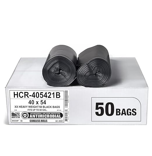Aluf Plastics High Density Black Trash Bags, 55-60 Gallon, 50 Count, 21 Micron (eq) For Bathroom, Office, Industrial, Commercial, Janitorial, Municipal, Recycling