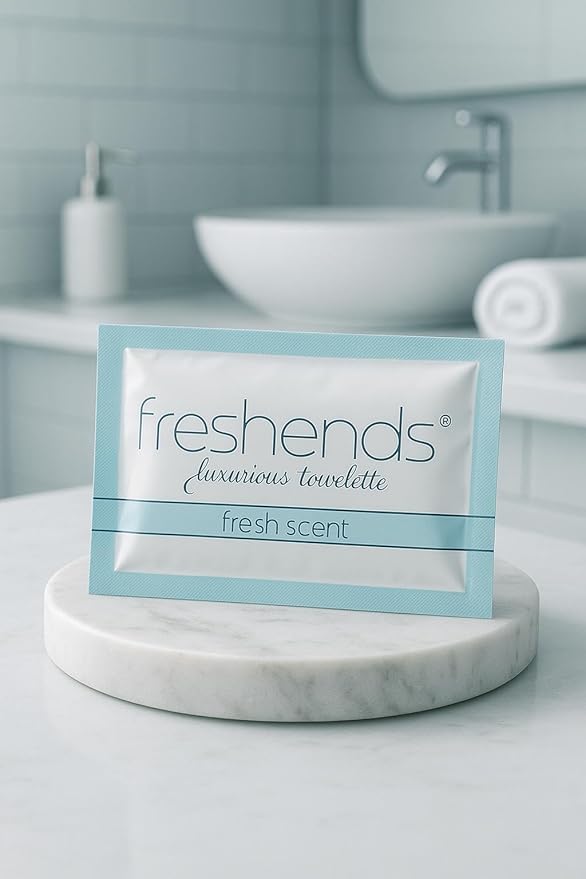 Freshends Flushable Individually Wrapped Wipes – 100 Bulk Pack Luxurious Towelettes, Guest Bathroom Essentials for Weddings, Restaurants, Bars & Clubs – Blue, Travel-Size, Disposable