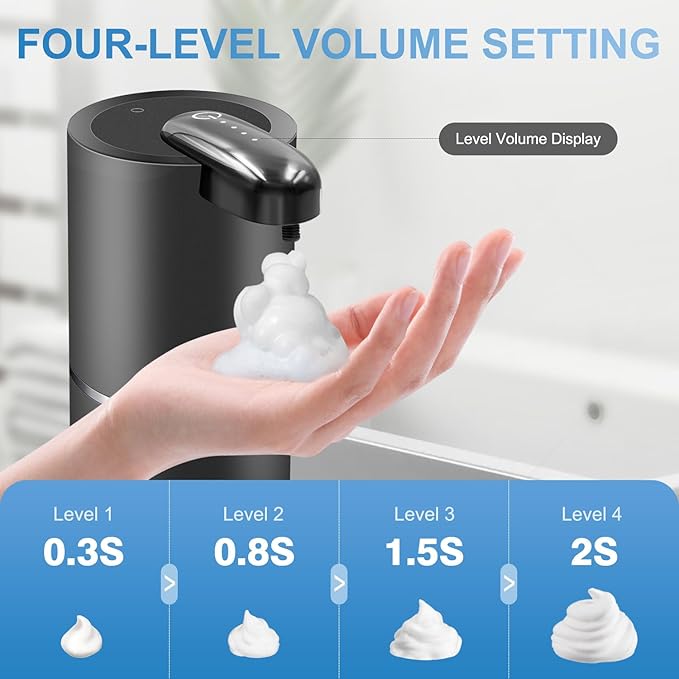 Automatic Foaming Soap Dispenser, Wall Mount Touchless 4 Gear Adjustable Electric Soap Dispenser,USB Rechargeable with Infrared Motion Sensor (Black, 12.8oz)