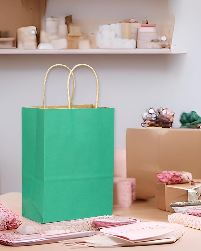 qiqee 32-Packs Mint Green Paper Gift Bags with Handles Bulk 8.26"×6"×3.15" Small Size Gift Bags Multiple Uses