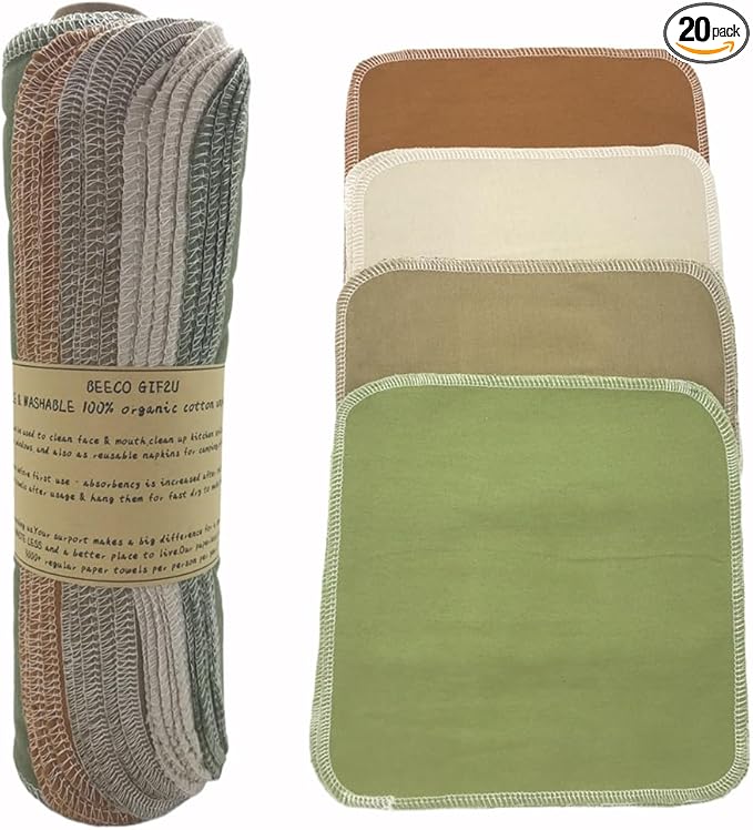 Reusable Paper Towel Rolls 20 Pack,Washable Napkin Cloth Value Set of 4 Colors 20 Pack of Paperless Towel-100% Cotton, Super Soft, Absorbent Made to Last (Solid Color A)
