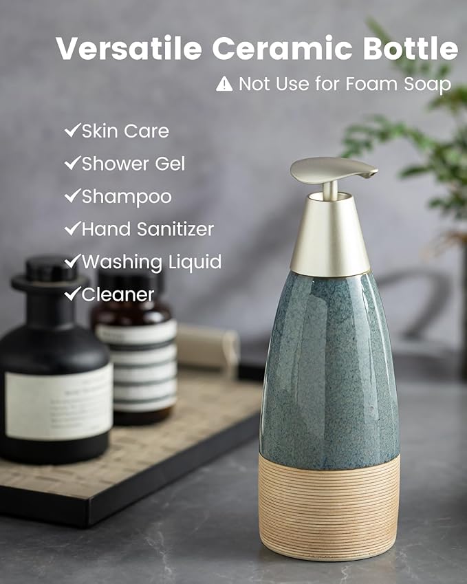 12 oz Dish Soap Dispenser with 2 Pumps, Ceramic Hand Soap Bottle for Shampoo, Body Wash, Lotion, Liquid Dispenser for Kitchen Countertop with Silicone Funnel, Blue