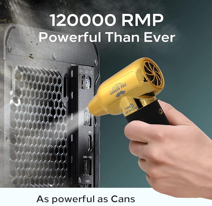 Compressed Air Duster - Electric Duster for Hair Barber, 3 Gear Mini Portable Jet Dry Air Blower, Cordless Vacuum Cleaner, for PC, Office,Salon, Fan, Laptop, Keyboard, Car -Black Gold