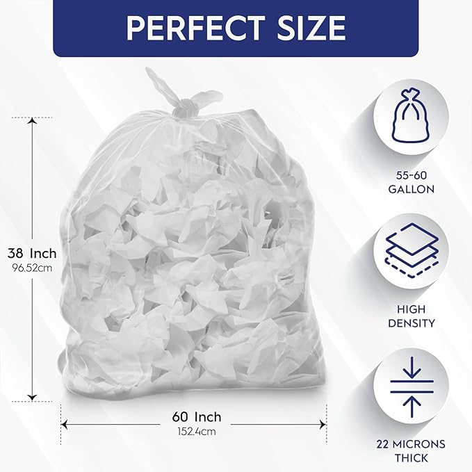 55-60 Gallon Trash Bags - High Density 38"x60", 150 Count Unscented Trash Can Liners - Multipurpose Clear Garbage Bags for Bathroom, Kitchen or Office Wastebaskets (22 Microns) Made in USA