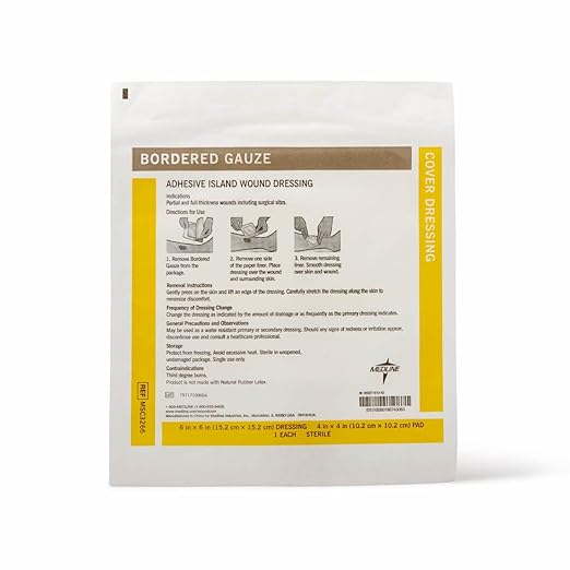 Medline Bordered Gauze, 6" x 6" Adhesive Island Wound Dressing, Sterile, 15 Count