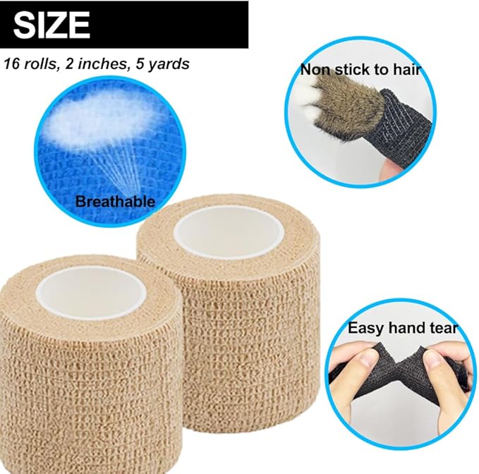 16 Pack Self Adhesive Bandage Wrap, 2" X 5 Yards Mixed Colors Elastic Cohesive Bandage Wrap for Sports, Wrist, Ankle and Vet Wrap, Grip Tape